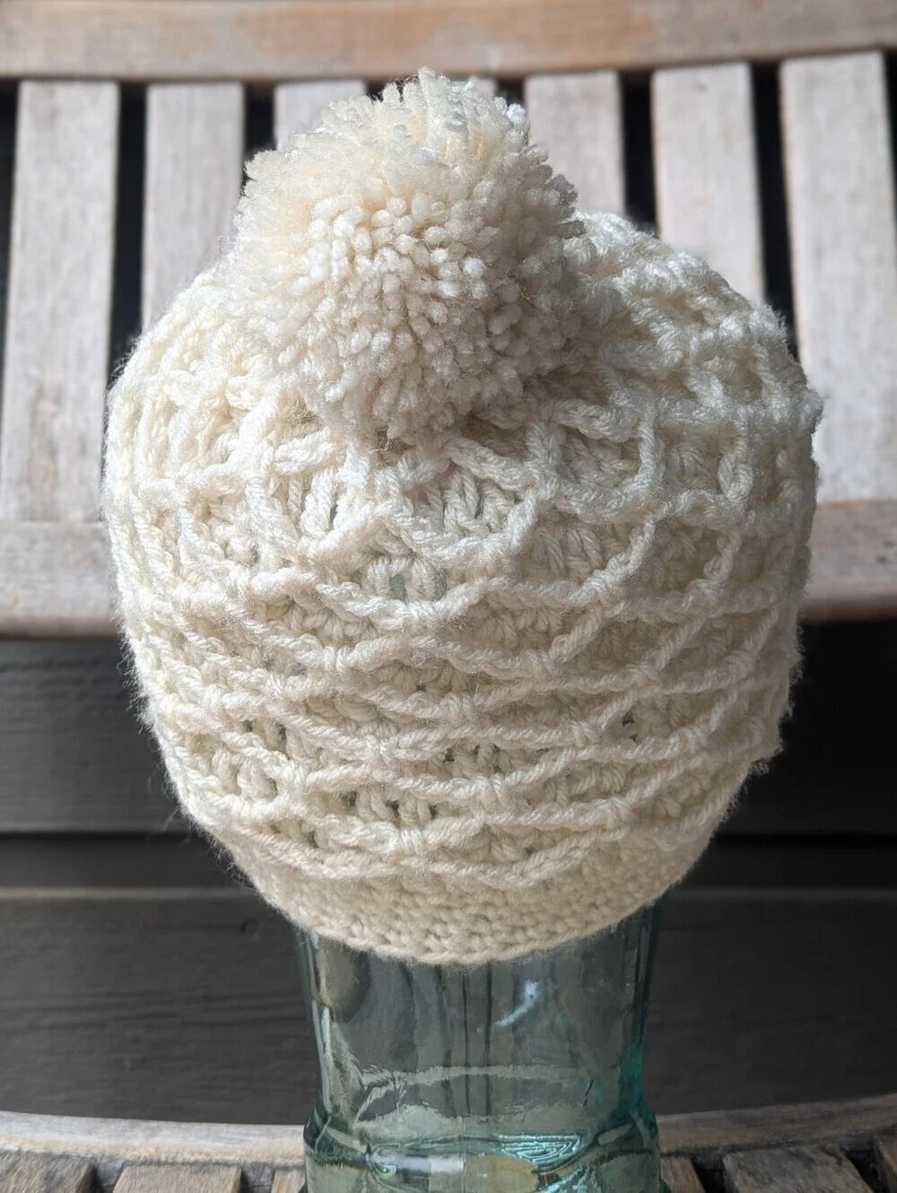 Hand Knit Cream Layered Knit Pom Pom Beanie